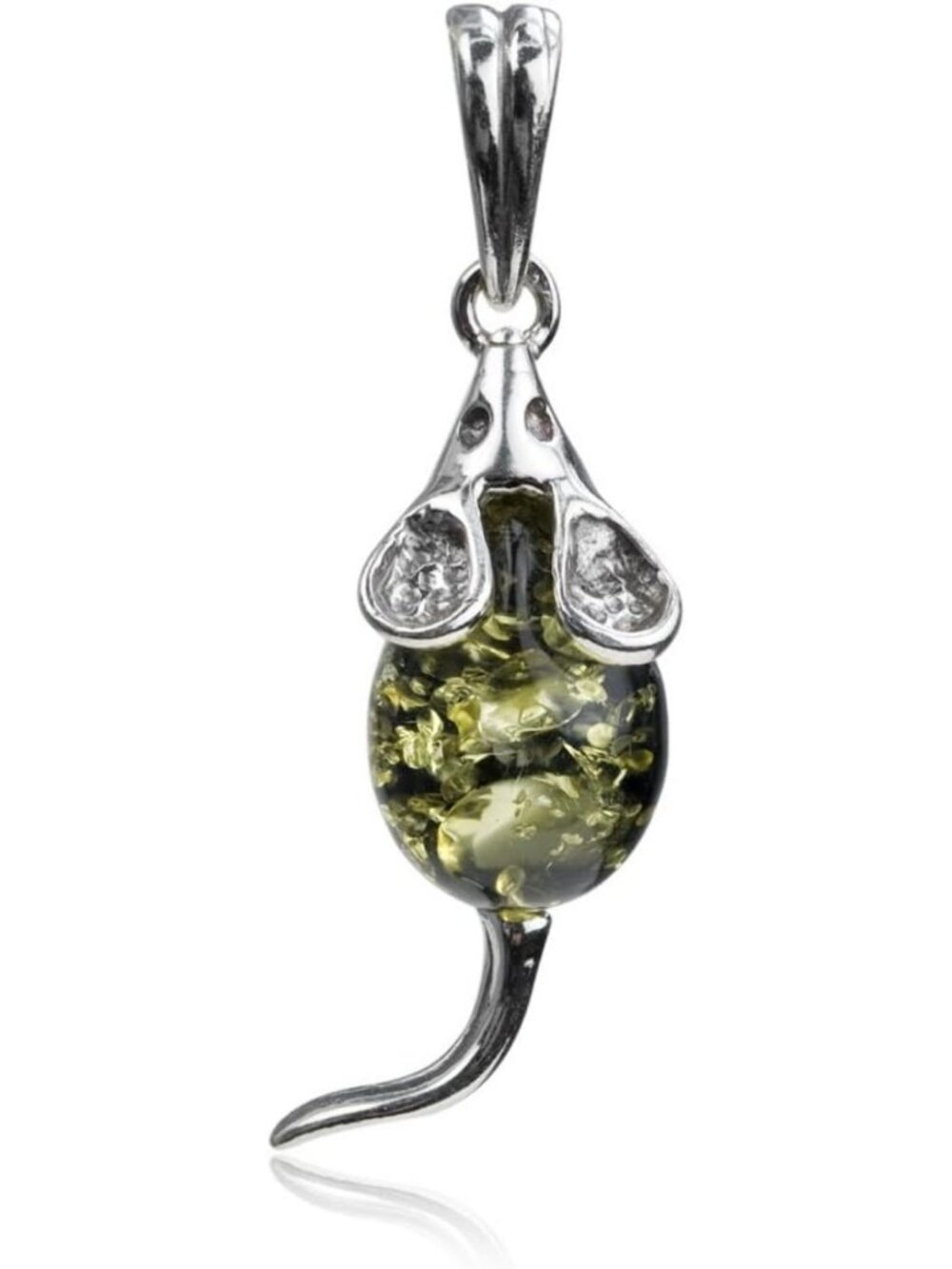 Green Amber Sterling Silver Mouse Pendant Necklace - Unique Animal Jewelry